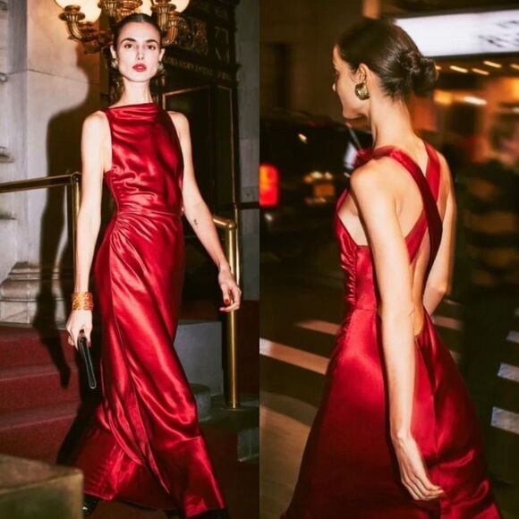 NWT Reformation Anaiis Midi Silk Dress Sz 6 Red Criss-cross Back Straps